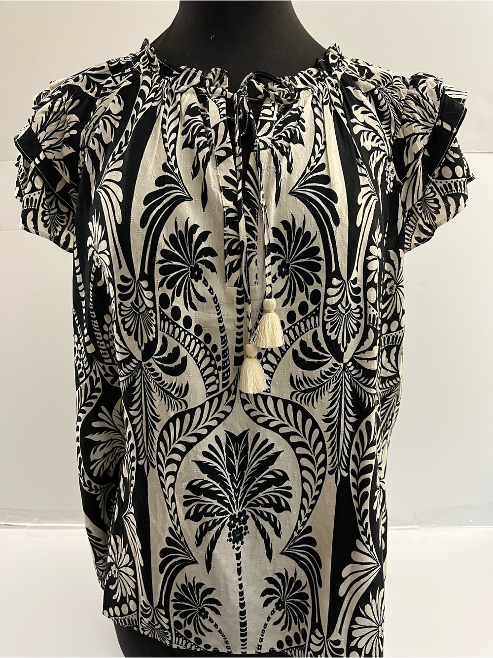 Rose & Olive Black and Cream Palm Motif Tie-Front Ruffle Sleeve Blouse